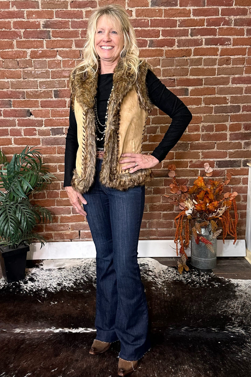 Faux Suede Tan Vest with Fur Edging-Vest-Montana Co-Gallop 'n Glitz- Women's Western Wear Boutique, Located in Grants Pass, Oregon