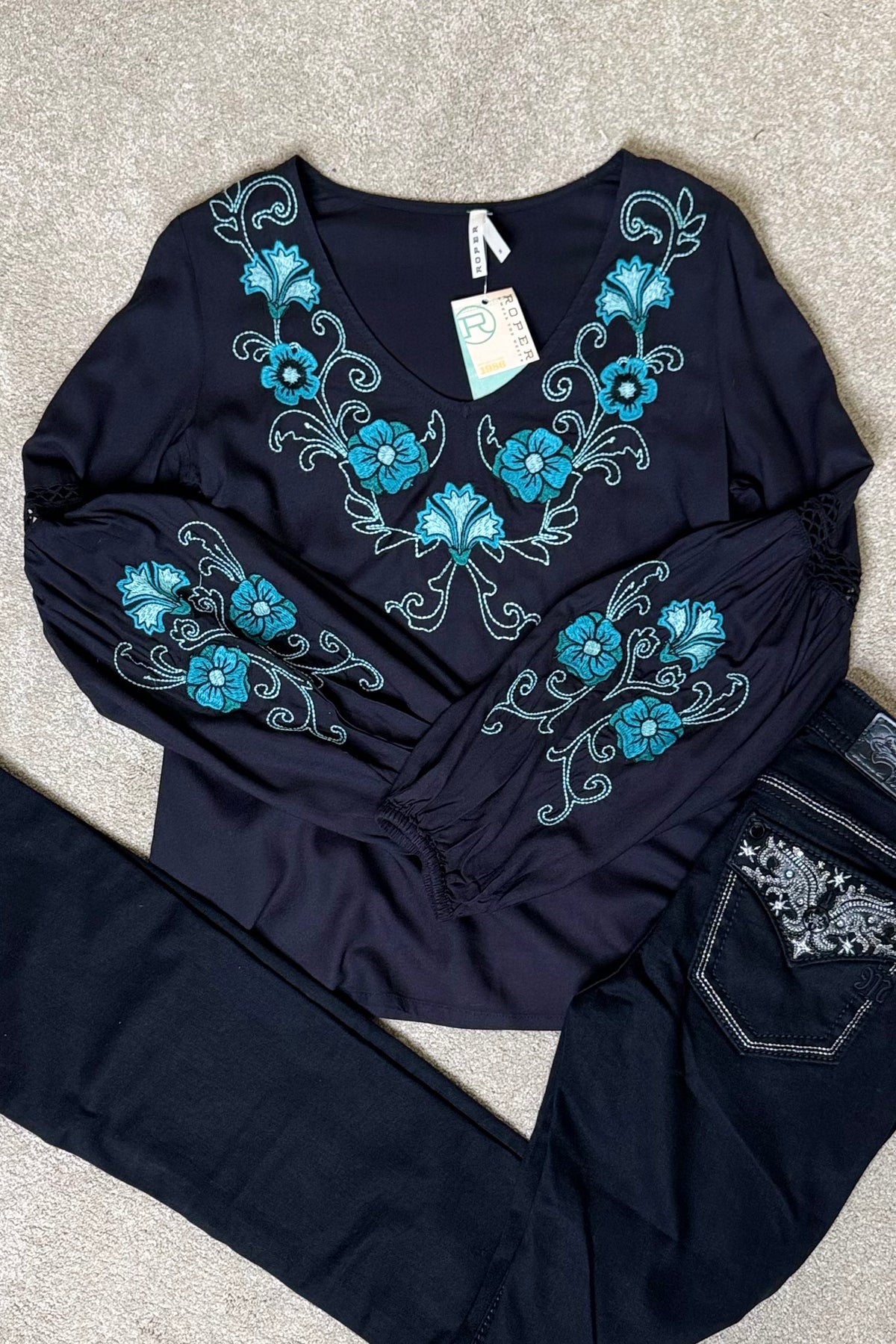 Black Mesa Squash Blossom Embroidered Top by Roper-Top-Roper/Stetson-Gallop 'n Glitz- Women's Western Wear Boutique, Located in Grants Pass, Oregon