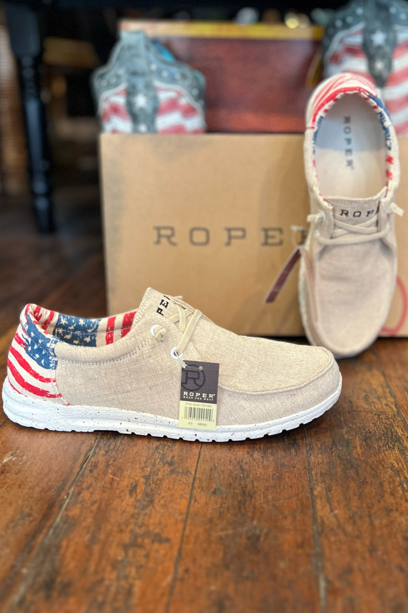 Men’s Roper Tan/Beige w/Flag Heel Canvas Hang Loose Shoe-Men's Footwear-Roper/Stetson-Gallop 'n Glitz- Women's Western Wear Boutique, Located in Grants Pass, Oregon