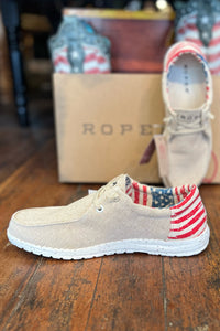 Men’s Roper Tan/Beige w/Flag Heel Canvas Hang Loose Shoe-Men's Footwear-Roper/Stetson-Gallop 'n Glitz- Women's Western Wear Boutique, Located in Grants Pass, Oregon