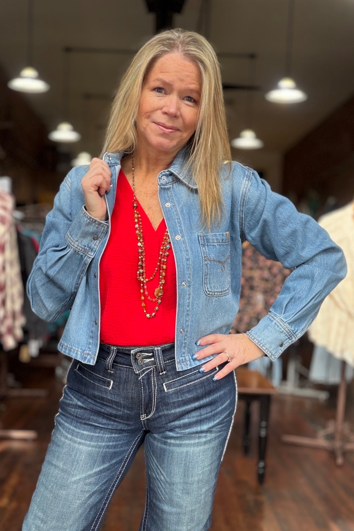 Women’s Cropped Long Sleeve Snapped Denim Shirt by Ariat-Top-Ariat-Gallop 'n Glitz- Women's Western Wear Boutique, Located in Grants Pass, Oregon