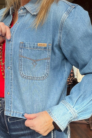 Women’s Cropped Long Sleeve Snapped Denim Shirt by Ariat-Top-Ariat-Gallop 'n Glitz- Women's Western Wear Boutique, Located in Grants Pass, Oregon