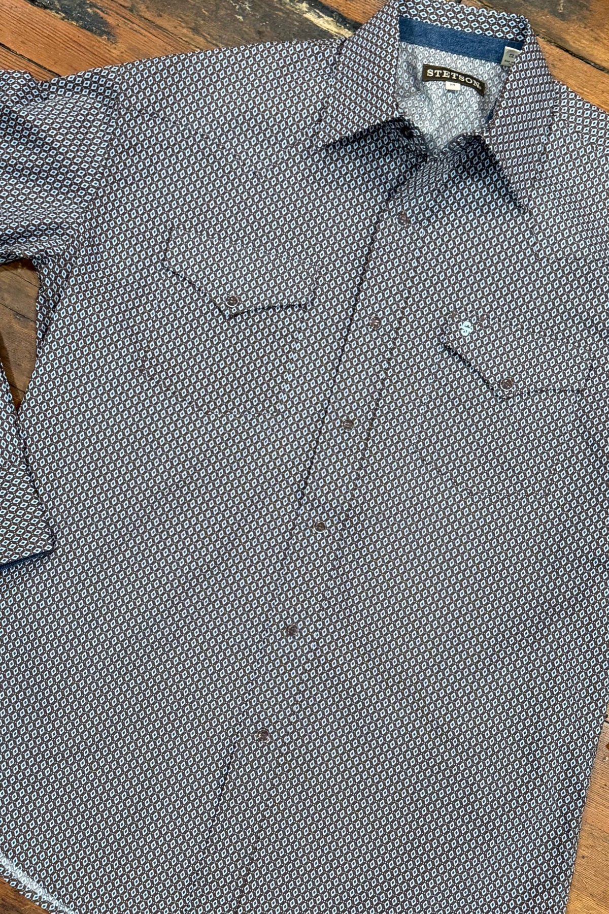 Men's Blue and Brown Diamond Long Sleeve Shirt by Stetson-Men's Dress Shirt-Roper/Stetson-Gallop 'n Glitz- Women's Western Wear Boutique, Located in Grants Pass, Oregon