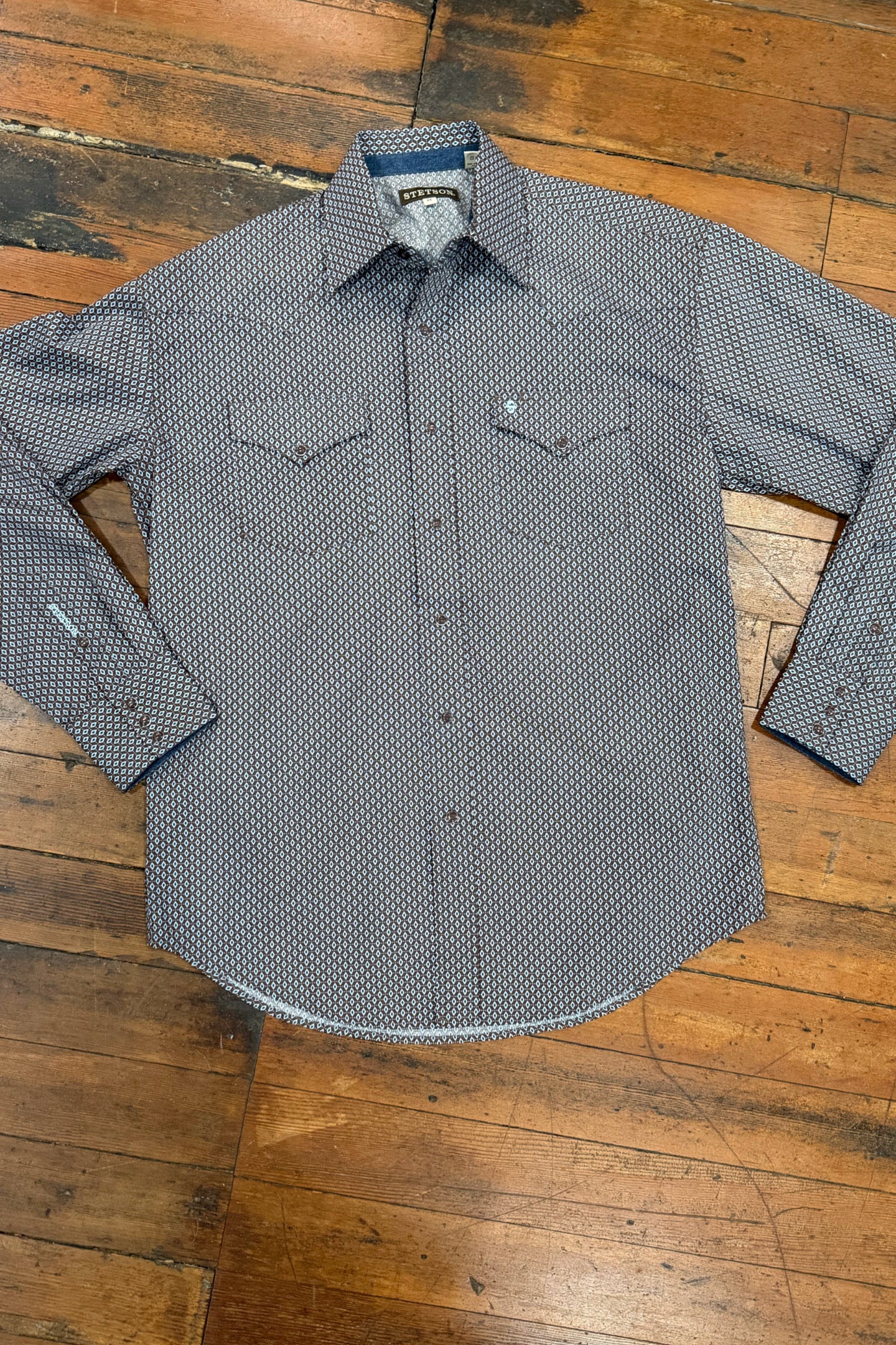 Men's Blue and Brown Diamond Long Sleeve Shirt by Stetson-Men's Dress Shirt-Roper/Stetson-Gallop 'n Glitz- Women's Western Wear Boutique, Located in Grants Pass, Oregon