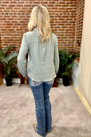 The Classic Cotton Button-Up Sage-Top-Be Cool-Gallop 'n Glitz- Women's Western Wear Boutique, Located in Grants Pass, Oregon