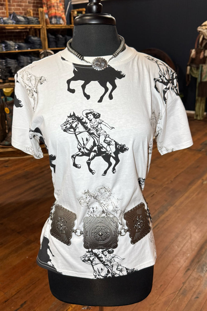 Cowgirl Print Cotton Tee-Top-Blue B-Gallop 'n Glitz- Women's Western Wear Boutique, Located in Grants Pass, Oregon