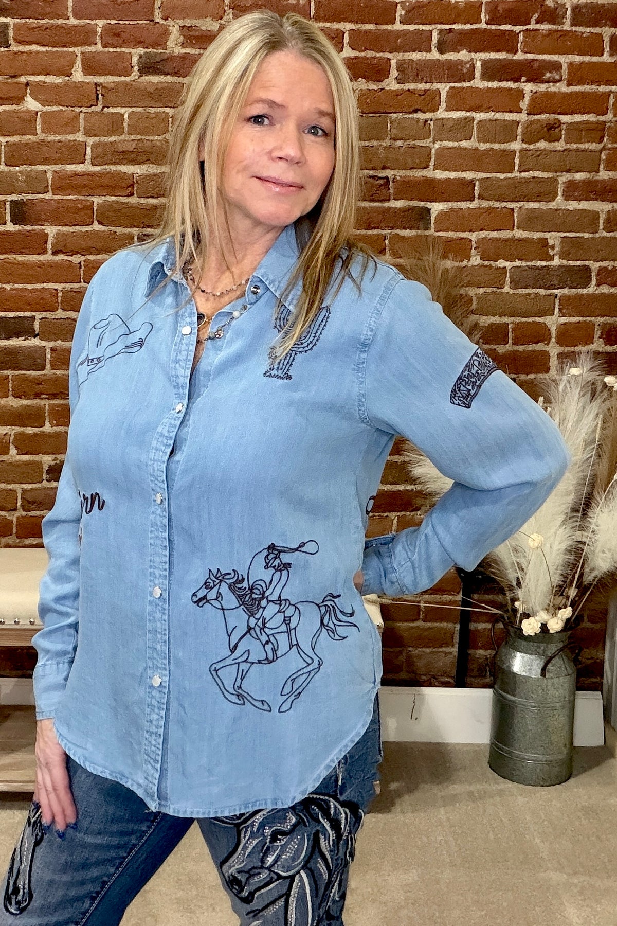 Western Embroidered Snap Button Shirt-Top-Blue B-Gallop 'n Glitz- Women's Western Wear Boutique, Located in Grants Pass, Oregon