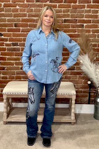 Western Embroidered Snap Button Shirt-Top-Blue B-Gallop 'n Glitz- Women's Western Wear Boutique, Located in Grants Pass, Oregon