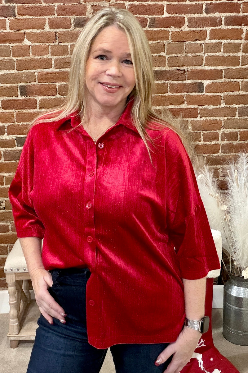 Prim Button Up Red Velvet Top-top-jess lea-Gallop 'n Glitz- Women's Western Wear Boutique, Located in Grants Pass, Oregon
