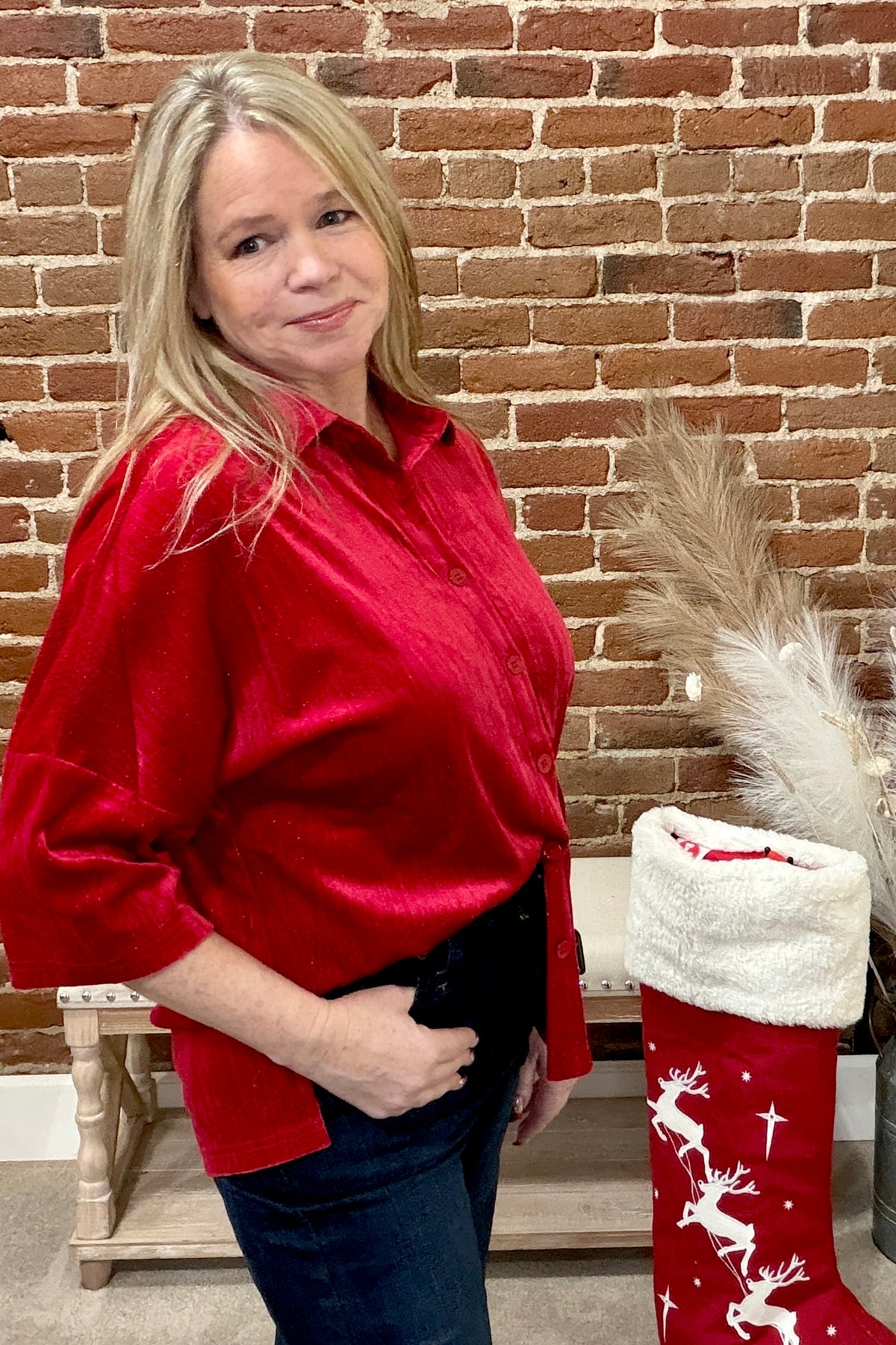 Prim Button Up Red Velvet Top-top-jess lea-Gallop 'n Glitz- Women's Western Wear Boutique, Located in Grants Pass, Oregon