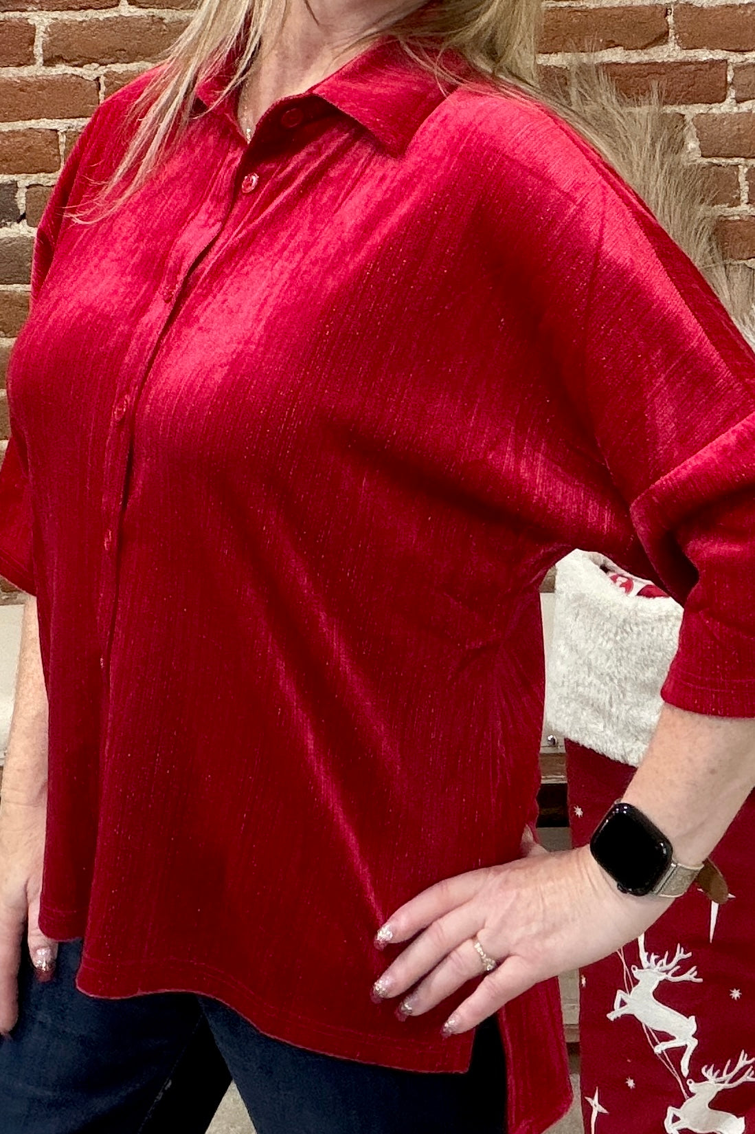 Prim Button Up Red Velvet Top-top-jess lea-Gallop 'n Glitz- Women's Western Wear Boutique, Located in Grants Pass, Oregon