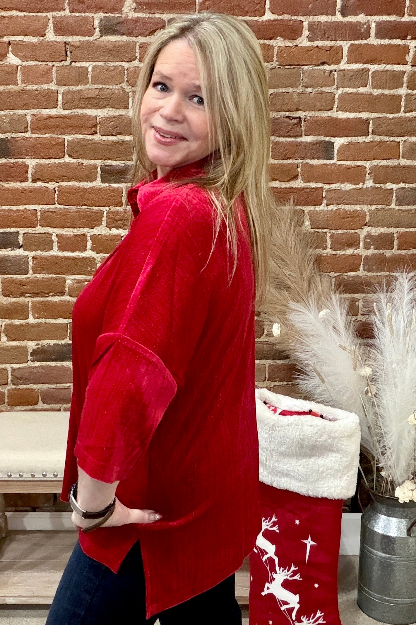 Prim Button Up Red Velvet Top-top-jess lea-Gallop 'n Glitz- Women's Western Wear Boutique, Located in Grants Pass, Oregon