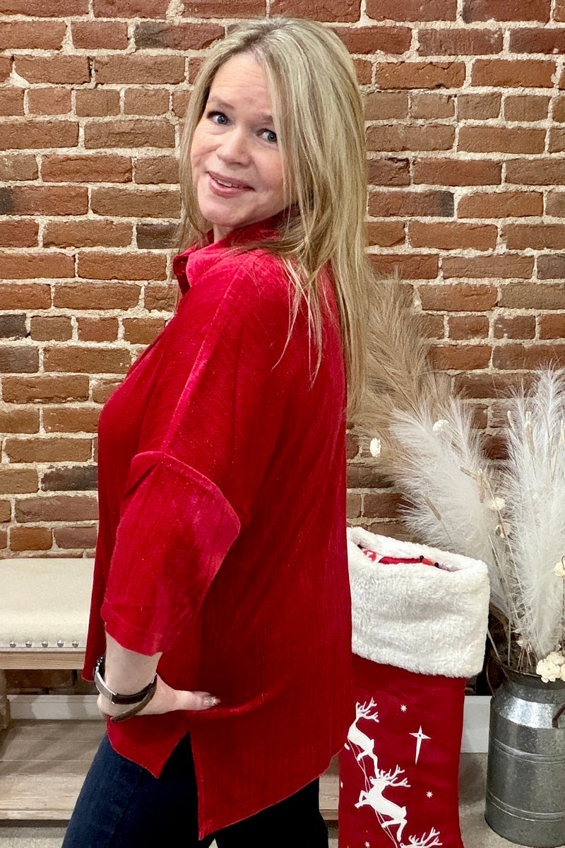 Prim Button Up Red Velvet Top-top-jess lea-Gallop 'n Glitz- Women's Western Wear Boutique, Located in Grants Pass, Oregon