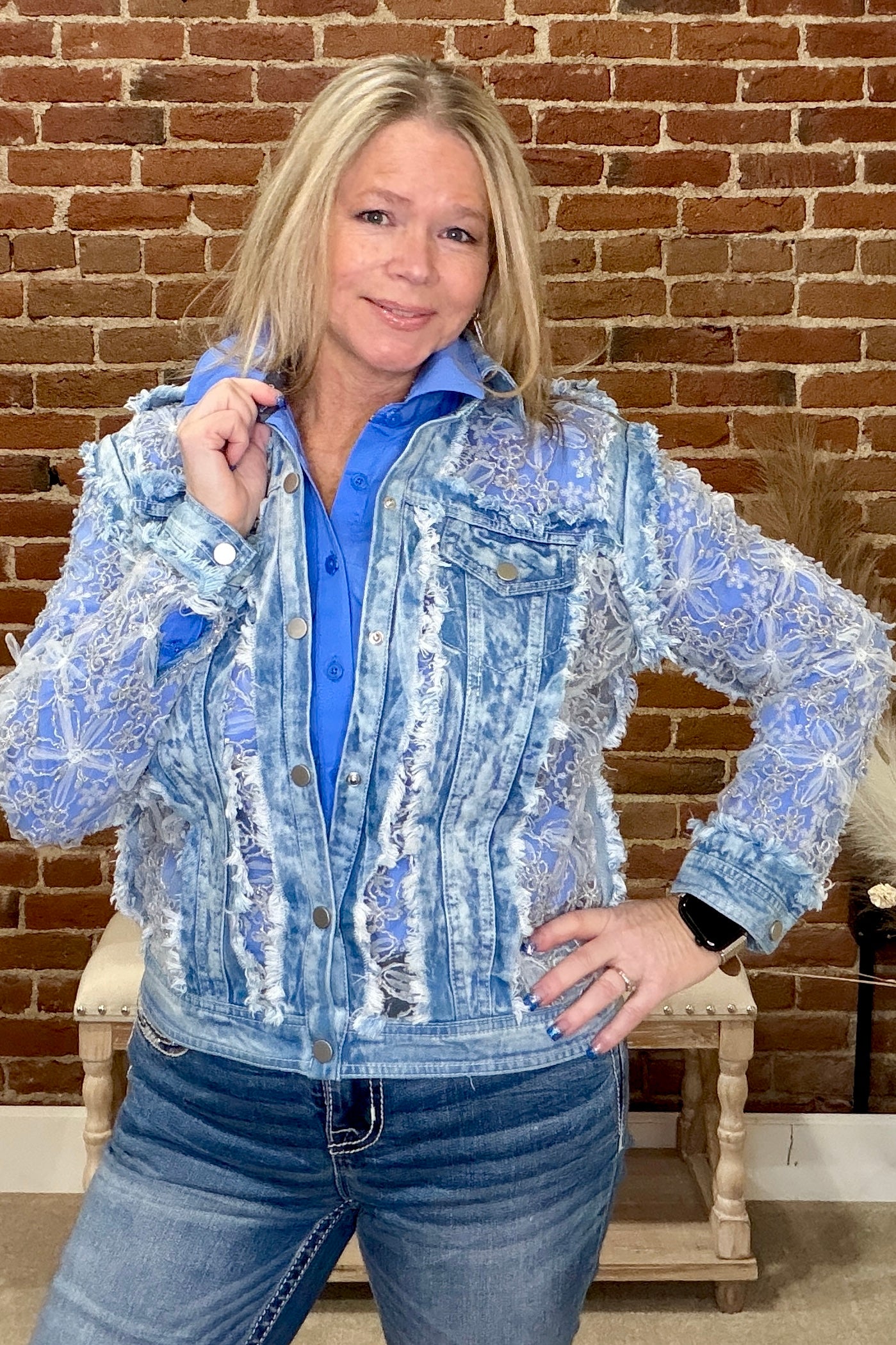 Denim n' Lace 3D Metallic Floral Embroidered Jacket-Outerwear-Adore-Gallop 'n Glitz- Women's Western Wear Boutique, Located in Grants Pass, Oregon