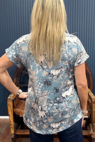 Scattered Horses V-Neck Tee-top-Liberty Wear-Gallop 'n Glitz- Women's Western Wear Boutique, Located in Grants Pass, Oregon