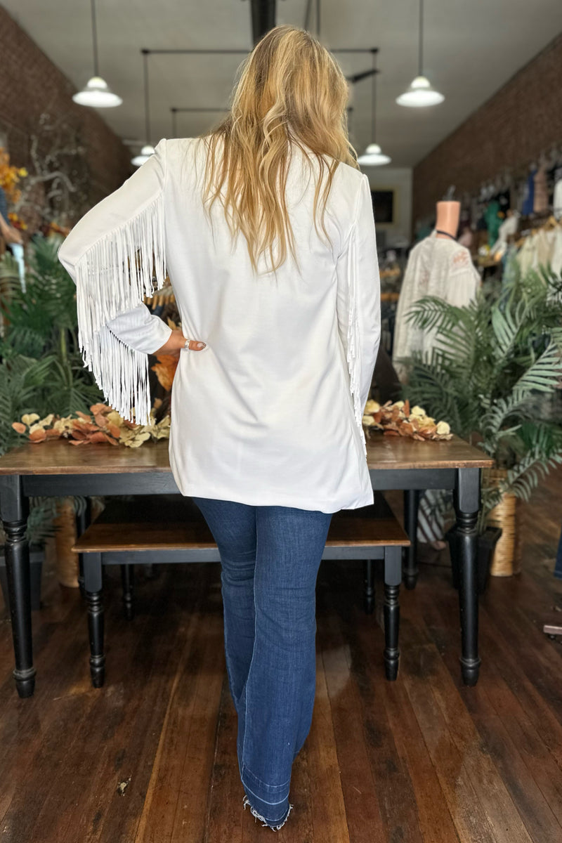 White Fringe Blazer-Jacket-Blue B-Gallop 'n Glitz- Women's Western Wear Boutique, Located in Grants Pass, Oregon