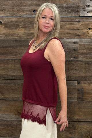 Origami Tank Top with Lace Trim Wine