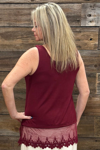 Origami Tank Top with Lace Trim Wine-top-Origami-Gallop 'n Glitz- Women's Western Wear Boutique, Located in Grants Pass, Oregon