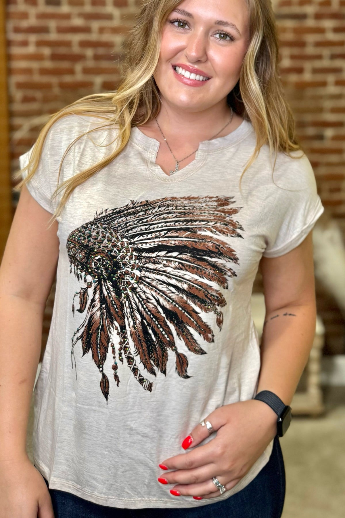 Indian Headdress Embellished Top-T-Shirt-Liberty Wear-Gallop 'n Glitz- Women's Western Wear Boutique, Located in Grants Pass, Oregon