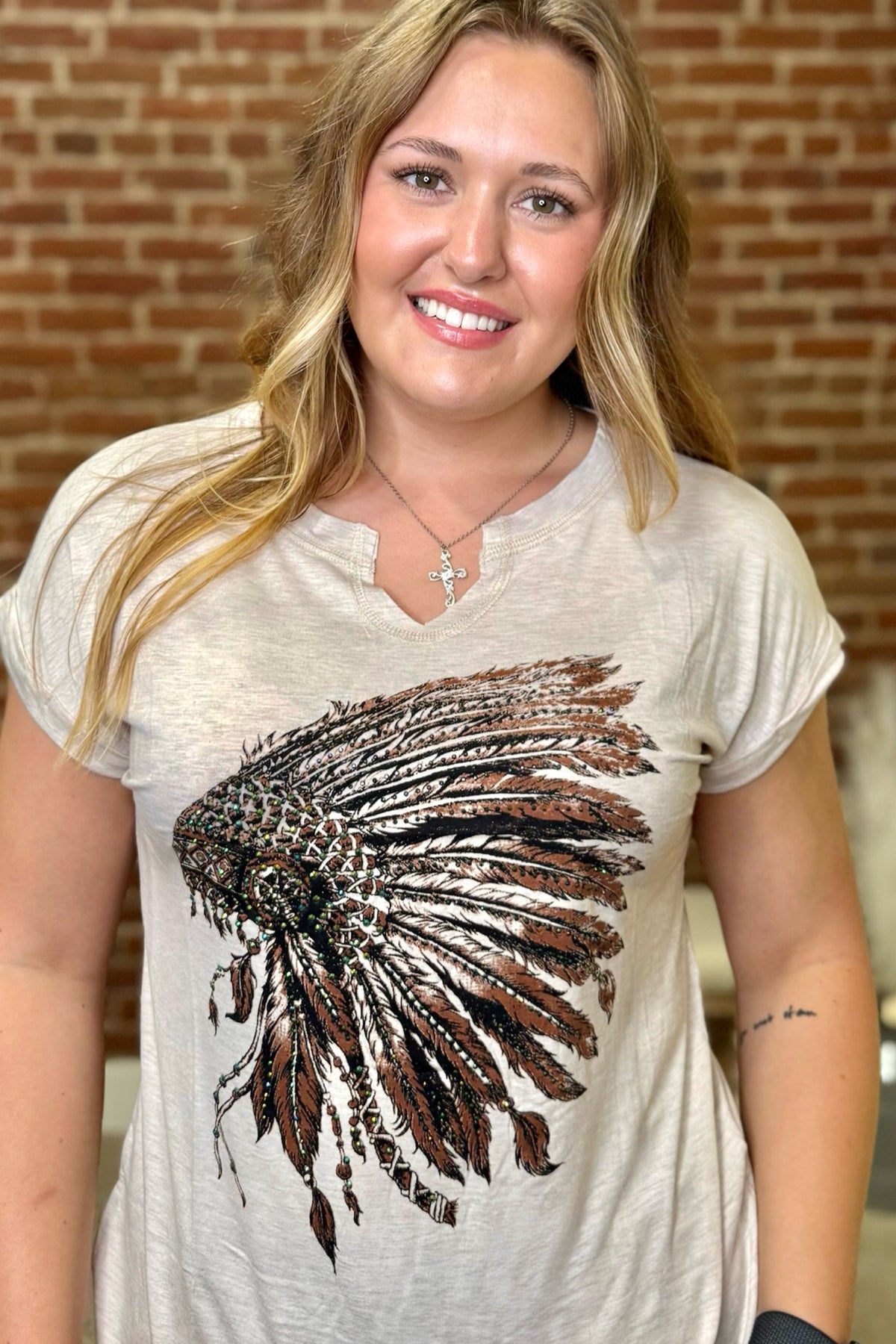 Indian Headdress Embellished Top-T-Shirt-Liberty Wear-Gallop 'n Glitz- Women's Western Wear Boutique, Located in Grants Pass, Oregon