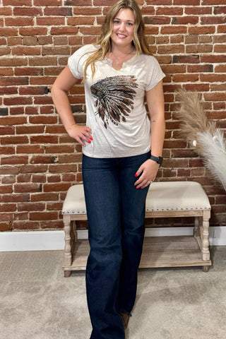 Indian Headdress Embellished Top-T-Shirt-Liberty Wear-Gallop 'n Glitz- Women's Western Wear Boutique, Located in Grants Pass, Oregon