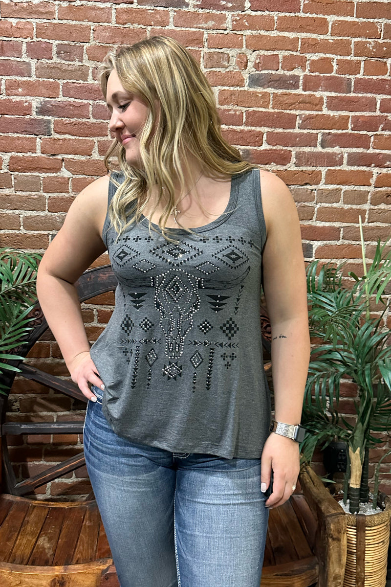 Embellished Steer Head Tank by Liberty Wear-Tank-Liberty Wear-Gallop 'n Glitz- Women's Western Wear Boutique, Located in Grants Pass, Oregon