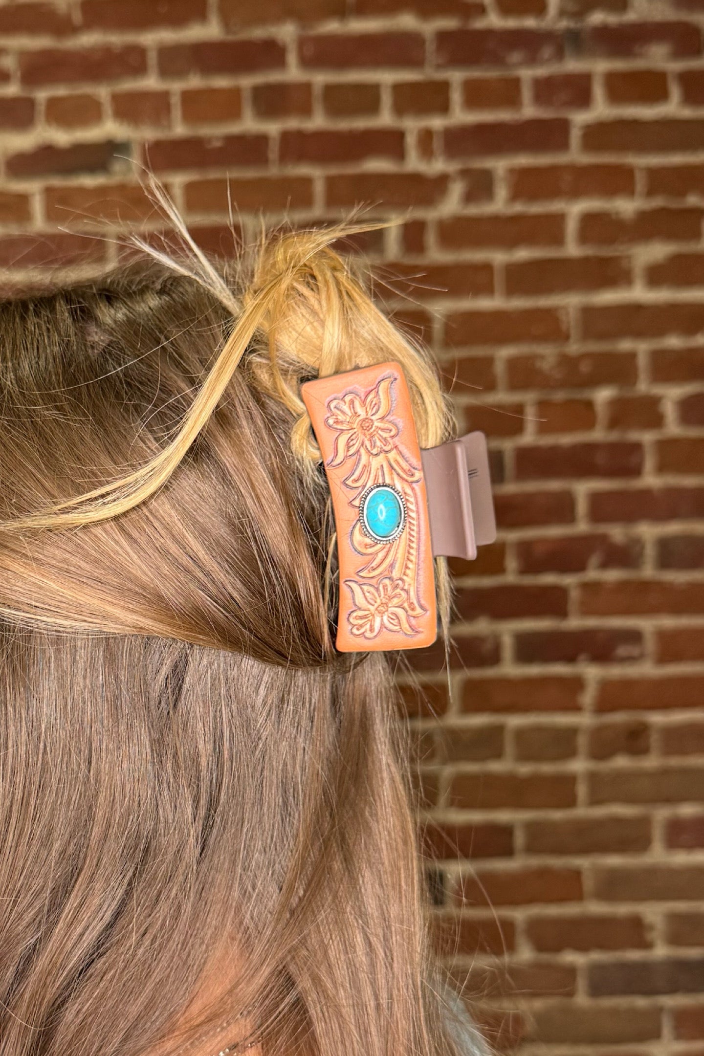 Tooled Leather With Turquoise Stone Hair Claw-Handbags & Accessories-Pink Panache-Gallop 'n Glitz- Women's Western Wear Boutique, Located in Grants Pass, Oregon