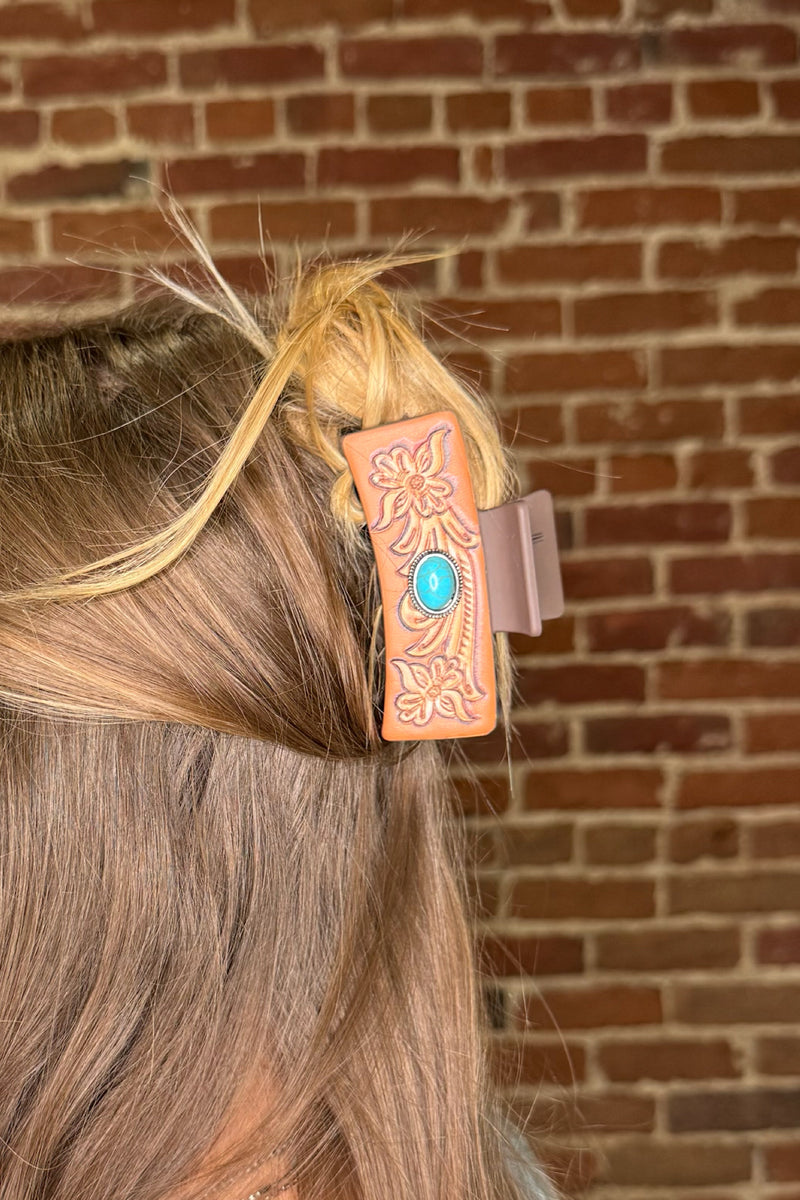 Tooled Leather With Turquoise Stone Hair Claw-Handbags & Accessories-Pink Panache-Gallop 'n Glitz- Women's Western Wear Boutique, Located in Grants Pass, Oregon