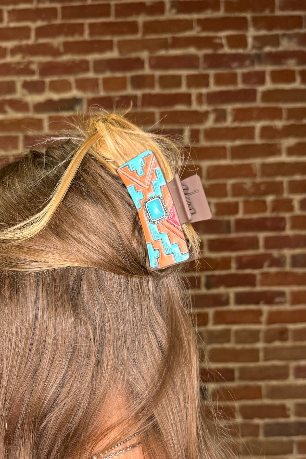 Southwestern Tooled Leather With Turquoise Stone Hair Claw-Handbags & Accessories-Pink Panache-Gallop 'n Glitz- Women's Western Wear Boutique, Located in Grants Pass, Oregon