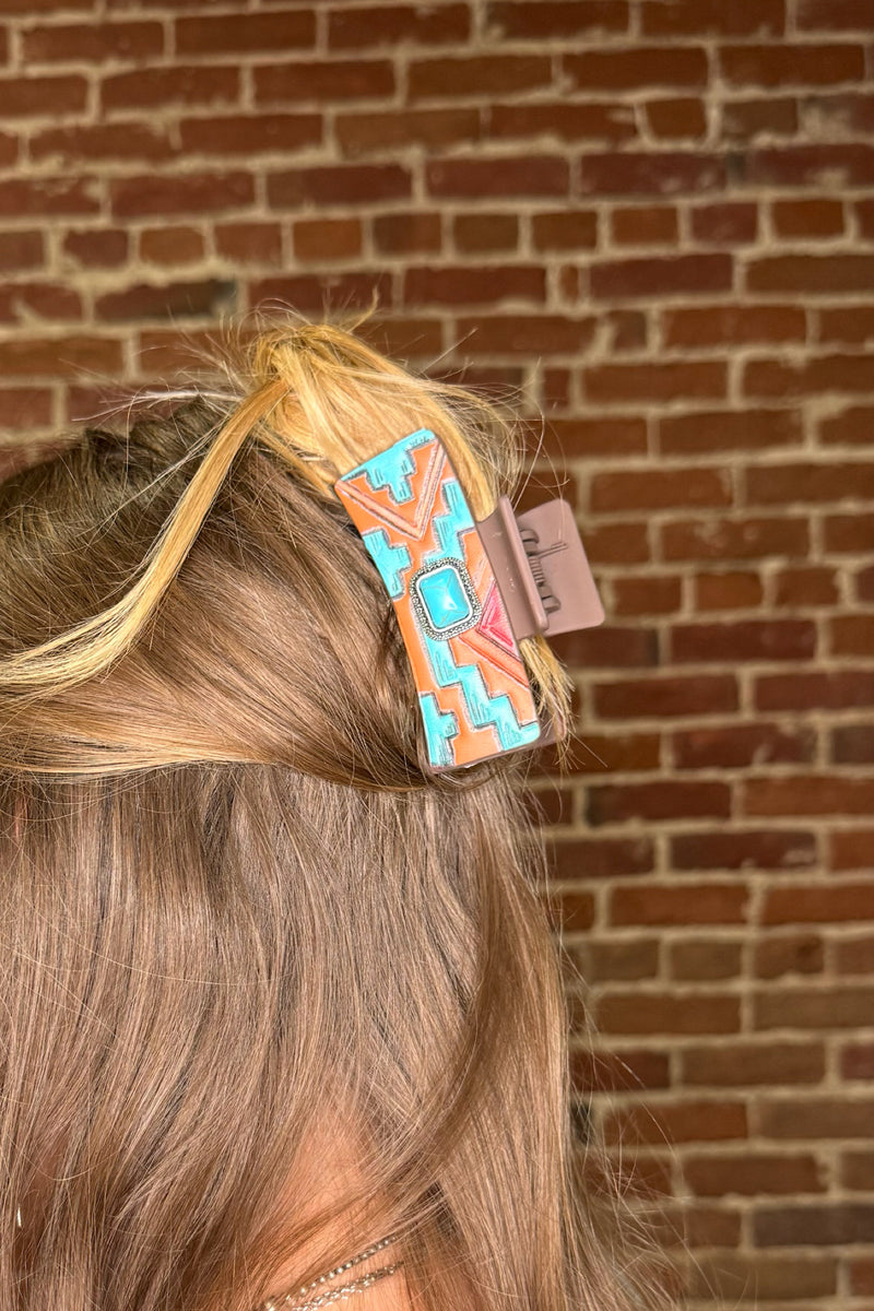 Southwestern Tooled Leather With Turquoise Stone Hair Claw-Handbags & Accessories-Pink Panache-Gallop 'n Glitz- Women's Western Wear Boutique, Located in Grants Pass, Oregon