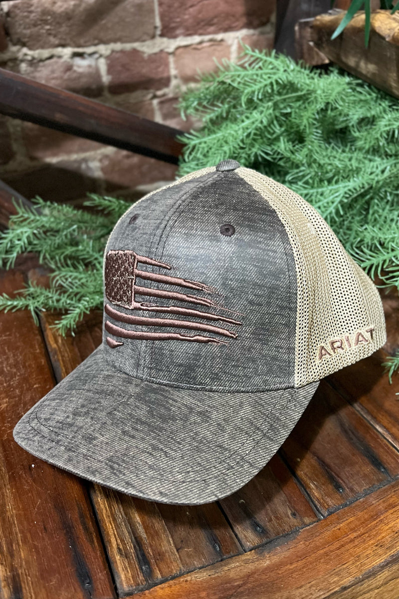 Ariat Men's Flag Embroidered Oilskin Brown Cap-Men's Ball Cap-M&F-Gallop 'n Glitz- Women's Western Wear Boutique, Located in Grants Pass, Oregon