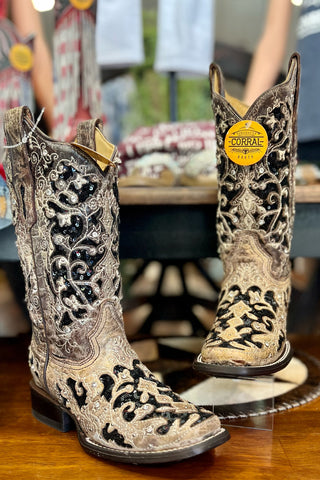 Corral Floral Embroidered Sequin Inlay Square Toe Boot-Women's Boot-Corral Boots-Gallop 'n Glitz- Women's Western Wear Boutique, Located in Grants Pass, Oregon