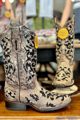 Corral Floral Embroidered Sequin Inlay Square Toe Boot-Women's Boot-Corral Boots-Gallop 'n Glitz- Women's Western Wear Boutique, Located in Grants Pass, Oregon