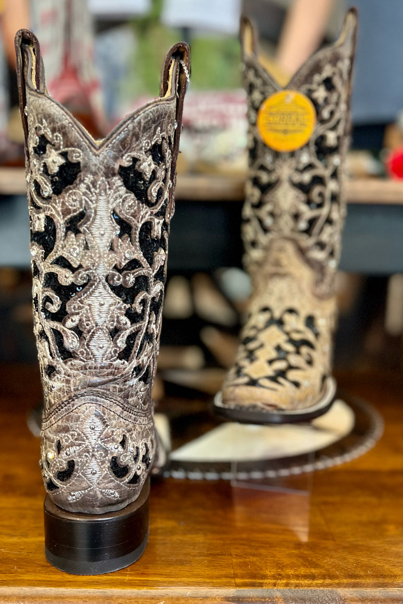 Corral Floral Embroidered Sequin Inlay Suare Toe Boot-Women's Boot-Corral Boots-Gallop 'n Glitz- Women's Western Wear Boutique, Located in Grants Pass, Oregon
