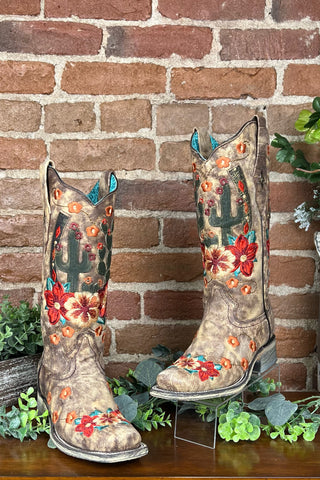Cactus and Floral Embroidered Square Toe Boot by Corral Boots-Women's Boot-Corral Boots-Gallop 'n Glitz- Women's Western Wear Boutique, Located in Grants Pass, Oregon