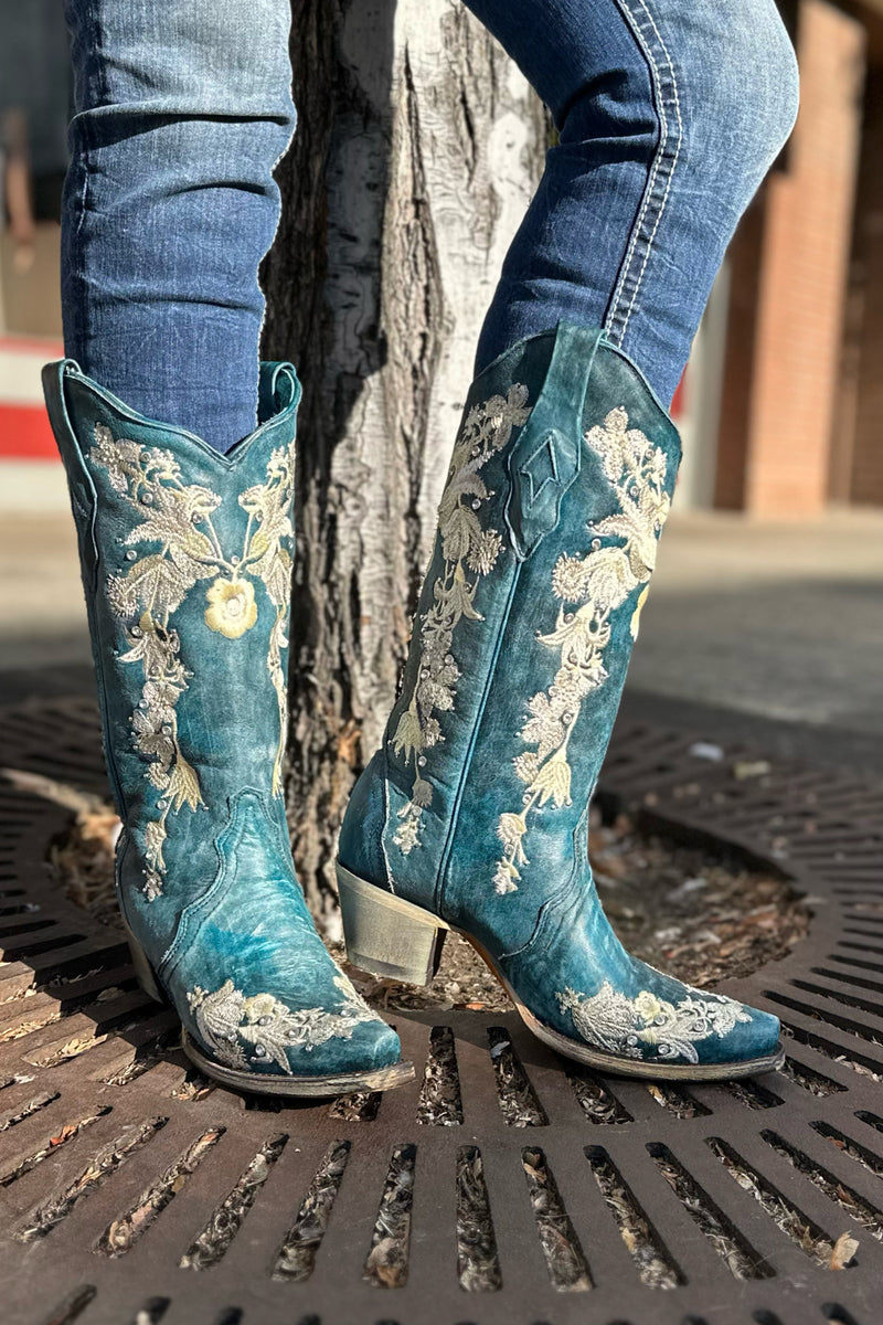 Floral & Navy Blue Snip Toe Boot by Corral Boots-Women's Boot-Corral Boots-Gallop 'n Glitz- Women's Western Wear Boutique, Located in Grants Pass, Oregon