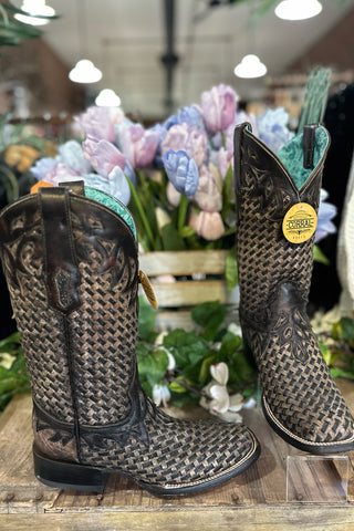 Chocolate Glitter Woven & Overlay Square Toe Boot by Corral Boots-Women's Boot-Corral Boots-Gallop 'n Glitz- Women's Western Wear Boutique, Located in Grants Pass, Oregon