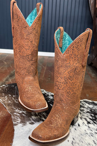 Metallic Floral Embossed Brown Square Toe Boot by Corral Boots-Women's Boot-Corral Boots-Gallop 'n Glitz- Women's Western Wear Boutique, Located in Grants Pass, Oregon