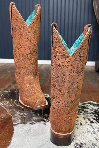Metallic Floral Embossed Brown Square Toe Boot by Corral Boots-Women's Boot-Corral Boots-Gallop 'n Glitz- Women's Western Wear Boutique, Located in Grants Pass, Oregon