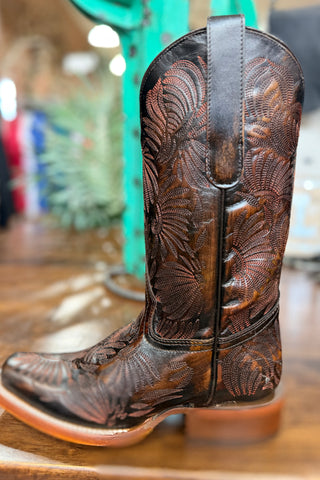 LD Black/Honey Floral Embroidered Square Toe Boot by Corral-Women's Boot-Corral Boots-Gallop 'n Glitz- Women's Western Wear Boutique, Located in Grants Pass, Oregon
