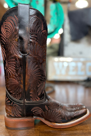 LD Black/Honey Floral Embroidered Square Toe Boot by Corral-Women's Boot-Corral Boots-Gallop 'n Glitz- Women's Western Wear Boutique, Located in Grants Pass, Oregon