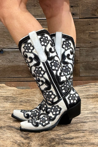 White Inlay and Sequin Embroidery Snip Toe Classic Boot by Corral