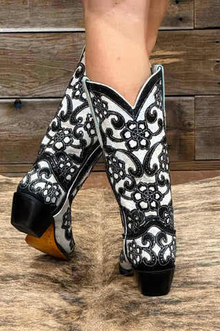 White Inlay and Sequin Embroidery Snip Toe Classic Boot by Corral