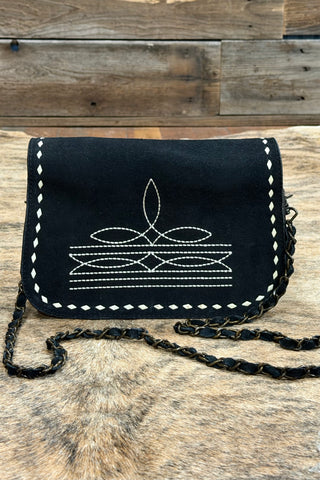 Black Suede With White Embroidered Boot Stitch Bag-Purse-American Darling-Gallop 'n Glitz- Women's Western Wear Boutique, Located in Grants Pass, Oregon