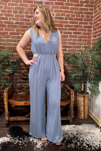 Pinstriped V-Neck Jumpsuit with Cutout-Jumpsuit-Allie Rose-Gallop 'n Glitz- Women's Western Wear Boutique, Located in Grants Pass, Oregon