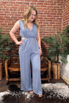 Pinstriped V-Neck Jumpsuit with Cutout-Jumpsuit-Allie Rose-Gallop 'n Glitz- Women's Western Wear Boutique, Located in Grants Pass, Oregon