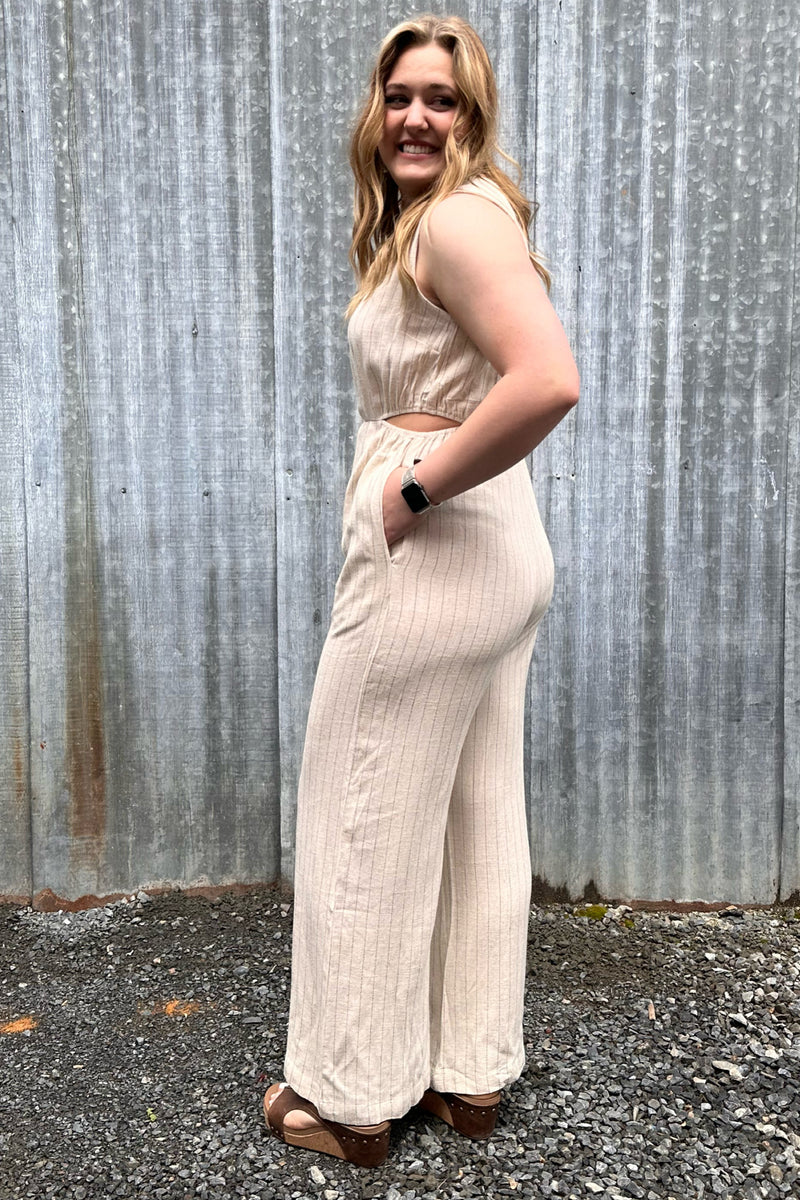 Pinstriped V-Neck Jumpsuit with Cutout-Jumpsuit-Allie Rose-Gallop 'n Glitz- Women's Western Wear Boutique, Located in Grants Pass, Oregon