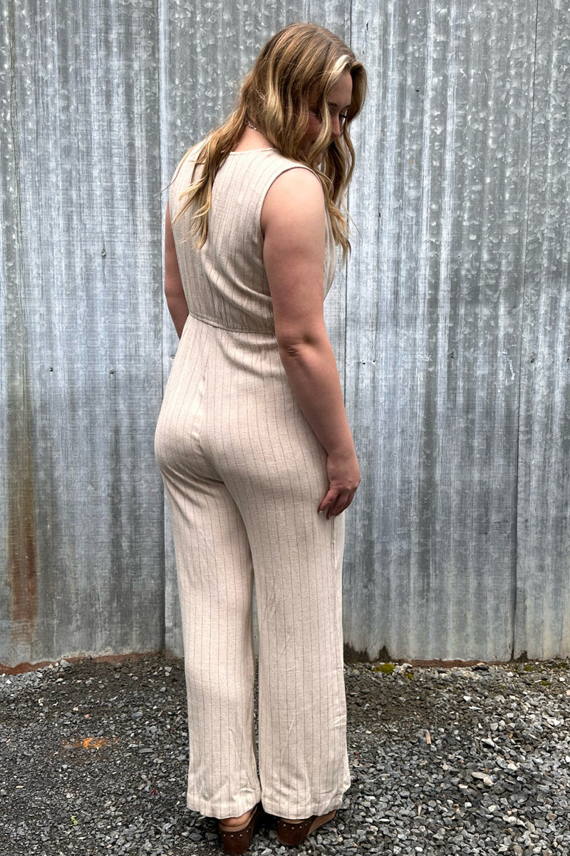 Pinstriped V-Neck Jumpsuit with Cutout-Jumpsuit-Allie Rose-Gallop 'n Glitz- Women's Western Wear Boutique, Located in Grants Pass, Oregon