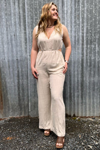 Pinstriped V-Neck Jumpsuit with Cutout-Jumpsuit-Allie Rose-Gallop 'n Glitz- Women's Western Wear Boutique, Located in Grants Pass, Oregon