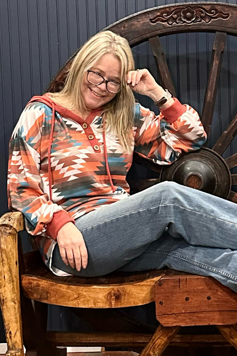 Aztec Print Button Detail Relaxed Fit Hoodie Rust-Women's Hoodie-Avery-Gallop 'n Glitz- Women's Western Wear Boutique, Located in Grants Pass, Oregon